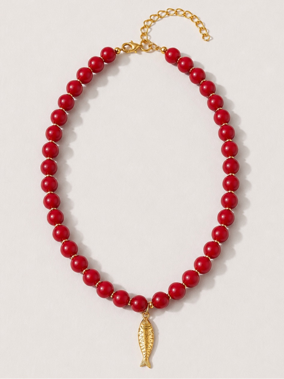 New! Coastal Preppy Colorful Red Beaded Gold Fish Sardines Necklace Nwot 5006